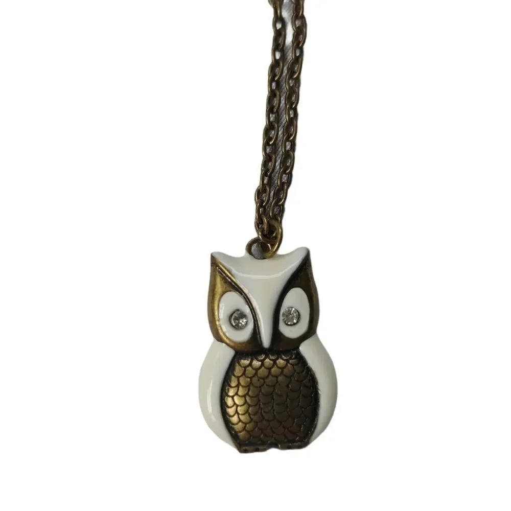 Owl Pendant Necklace  and Chain, White/Bronze